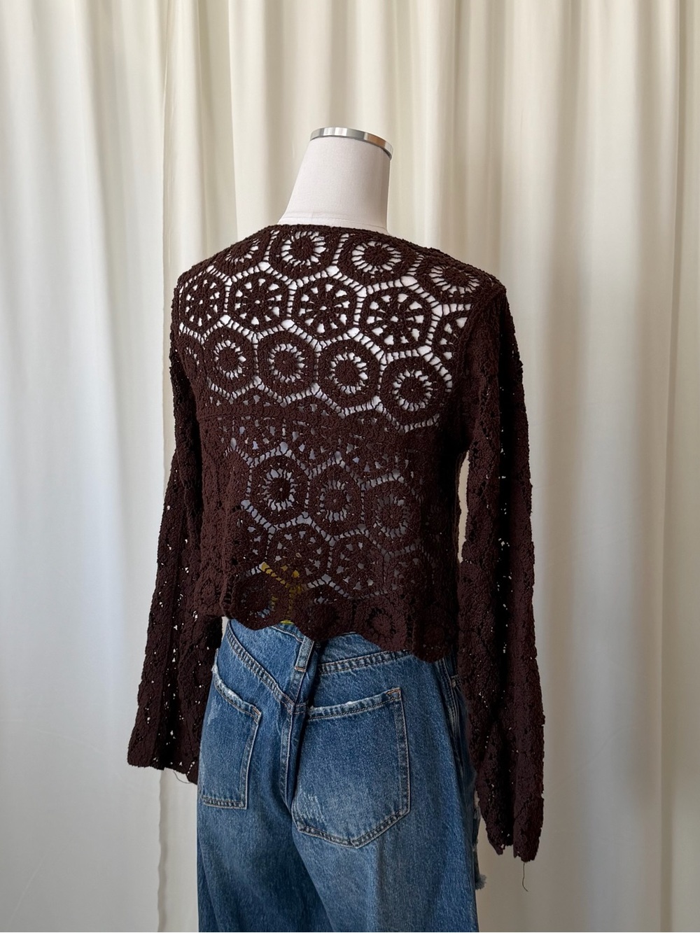 Brown Crochet Knit Cardigan Top Size Medium Long Sleeve Button Up Boho. - Picture 7 of 11